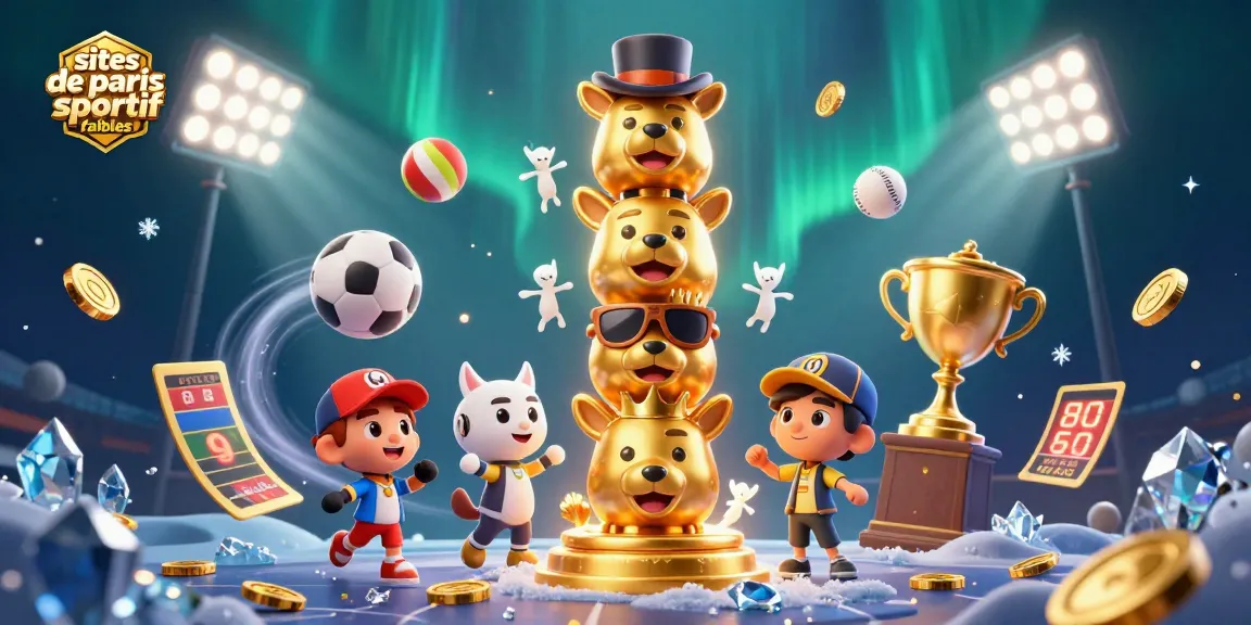 Illustration dynamique représentant des sites de paris sportif fiables avec un totem doré et des éléments de sport.