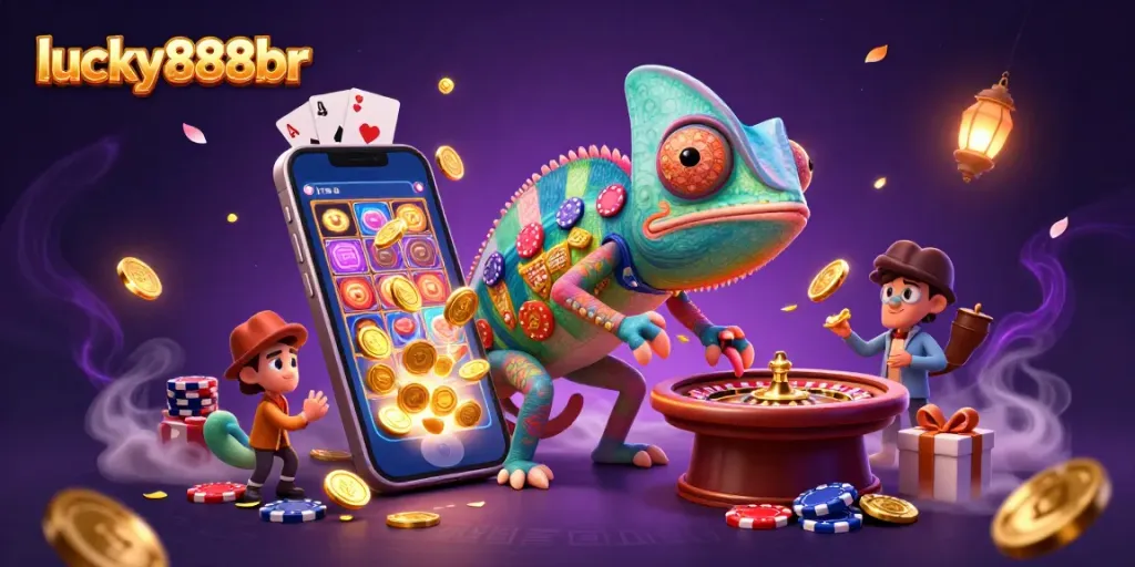 Experience lucky888br's vibrant gaming scene with a colorful chameleon casino owner and dynamic slot game elements.