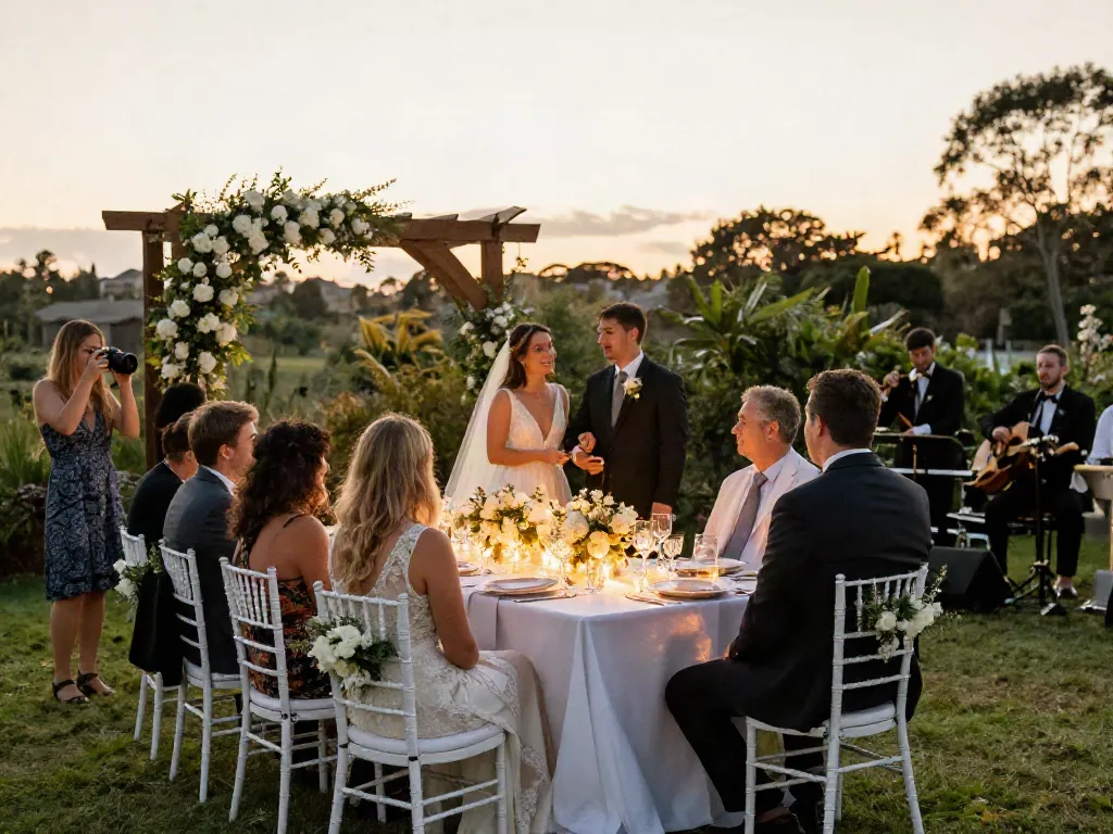 Elegant outdoor wedding scene showcasing event rentals with floral arches and decorated tables.
