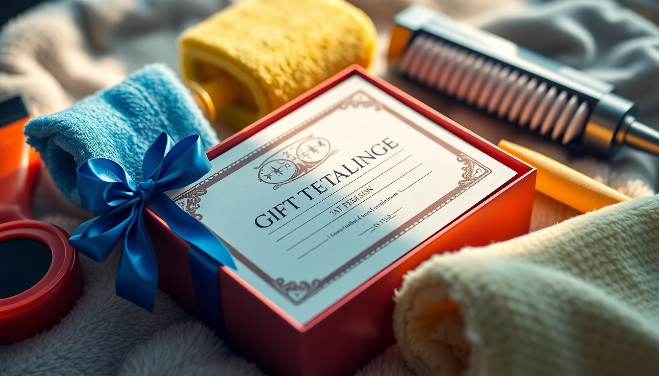 Present a car detailing gift certificate elegantly in a festive setting, showcasing charm for car lovers.