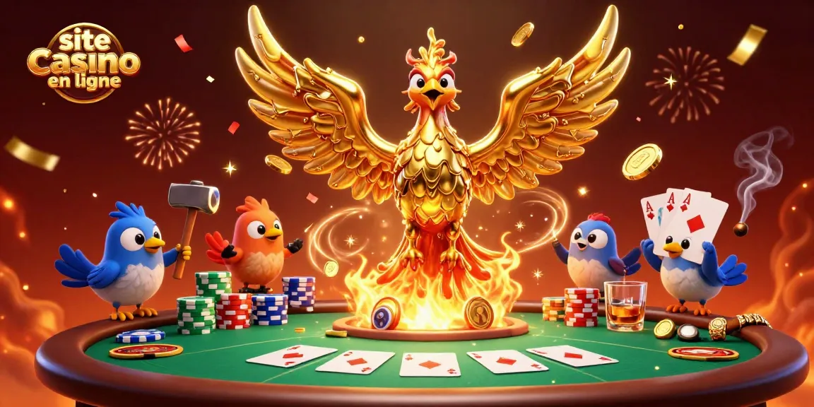 site casino en ligne jouez avec un phénix en métal or et des jetons de poker, ambiance festive