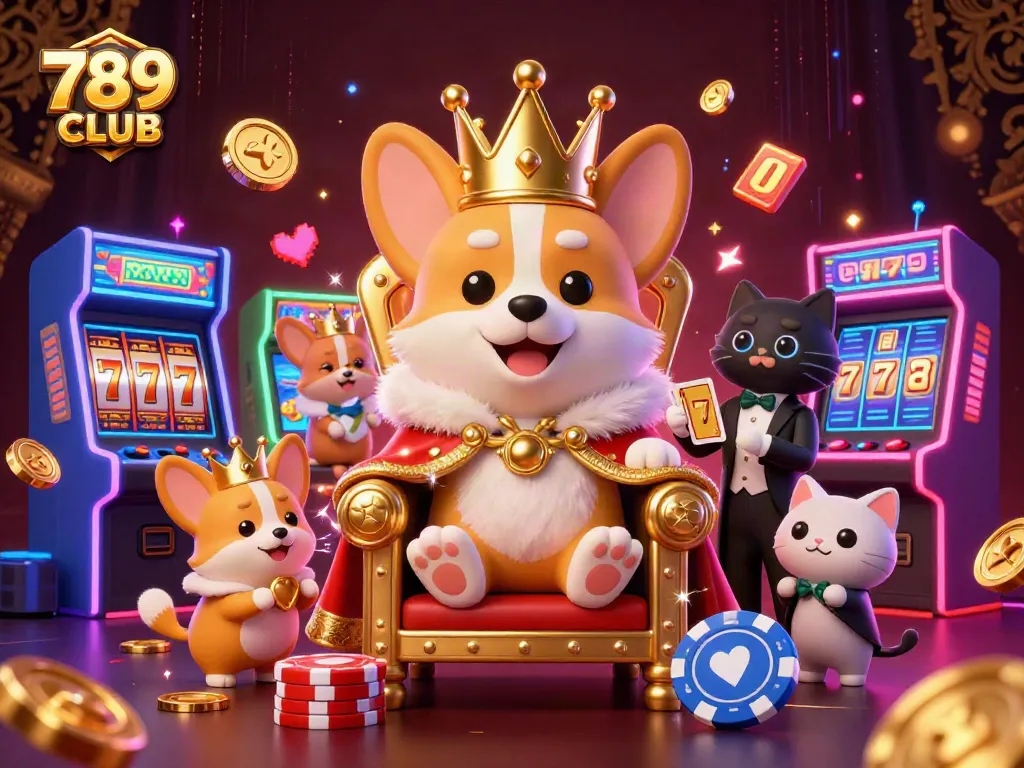 789CLUB showcases a royal corgi on a poker chip throne next to a cat butler amidst casino elements.