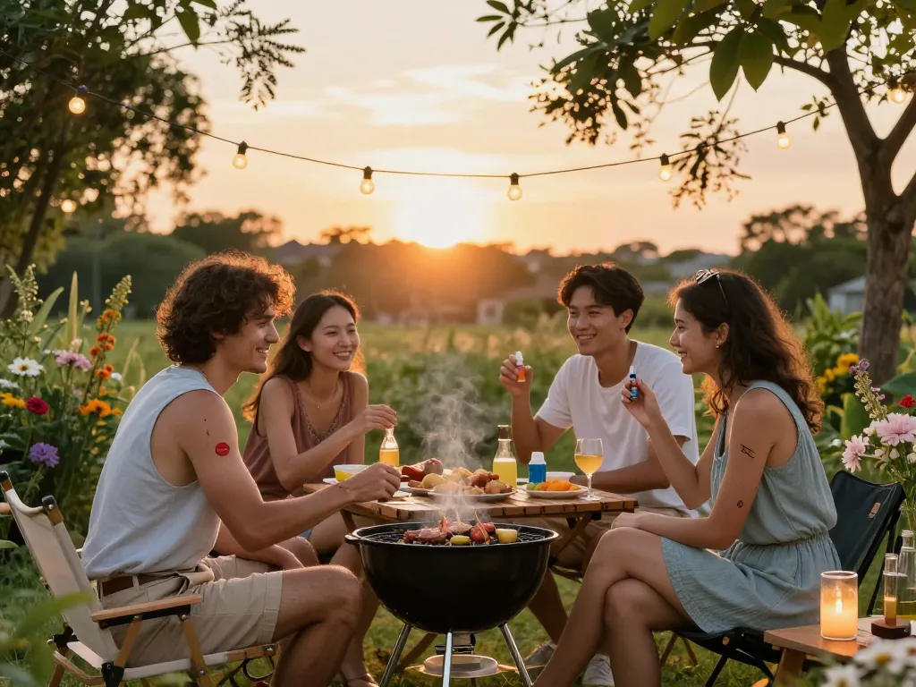 Friends applying mosquito repellent while enjoying a summer barbecue outdoors to prevent bites.