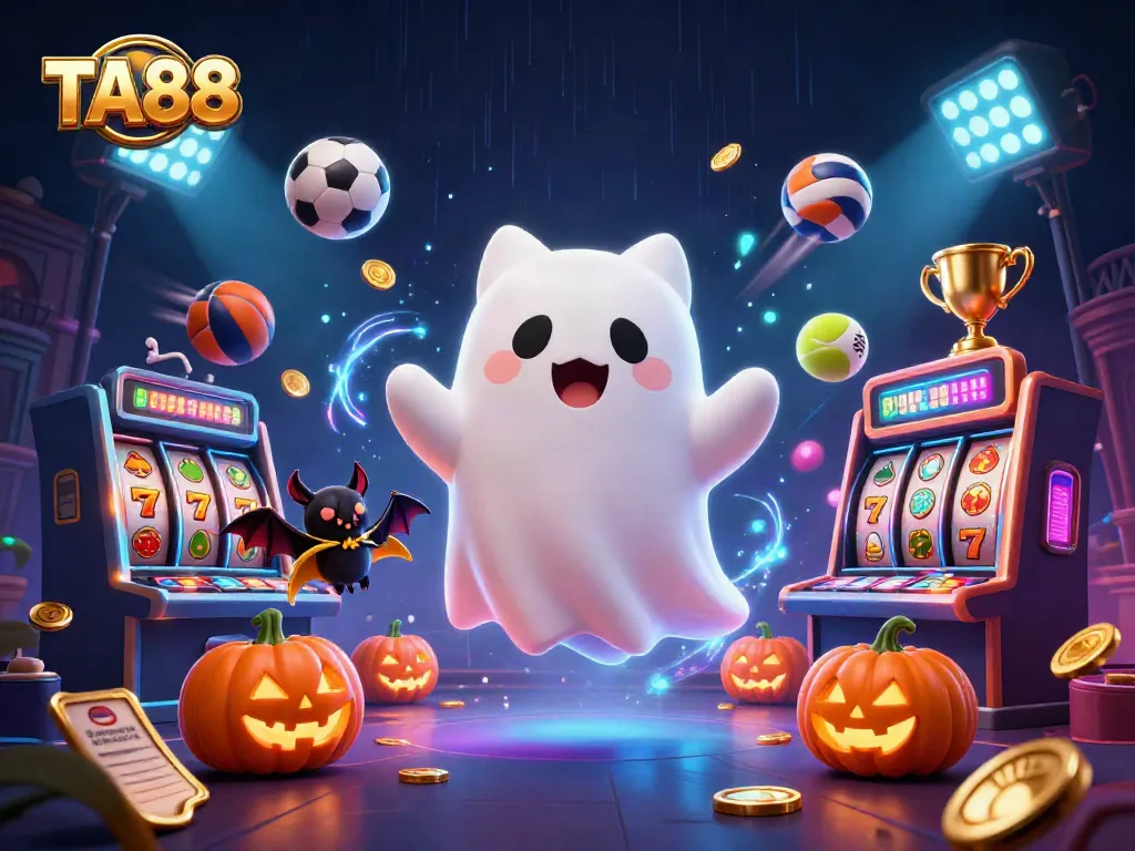 Experience thrilling gaming with TA88's friendly ghost cat and vibrant casino elements.