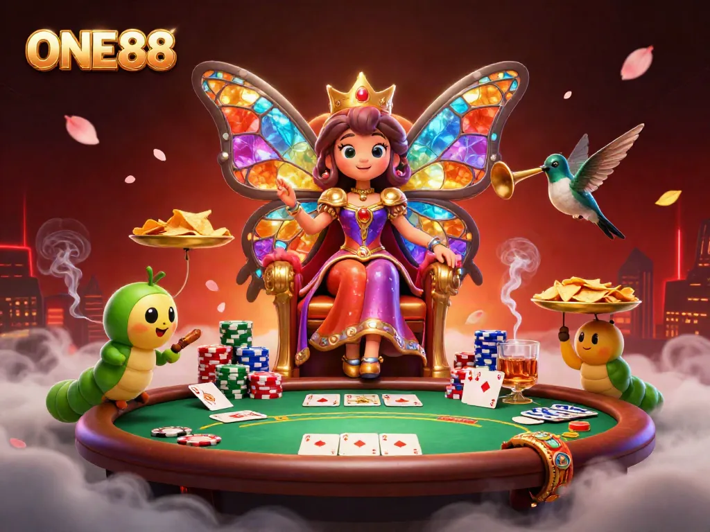 Experience the vibrant ONE88 casino scene with a dynamic butterfly queen and poker elements in play.