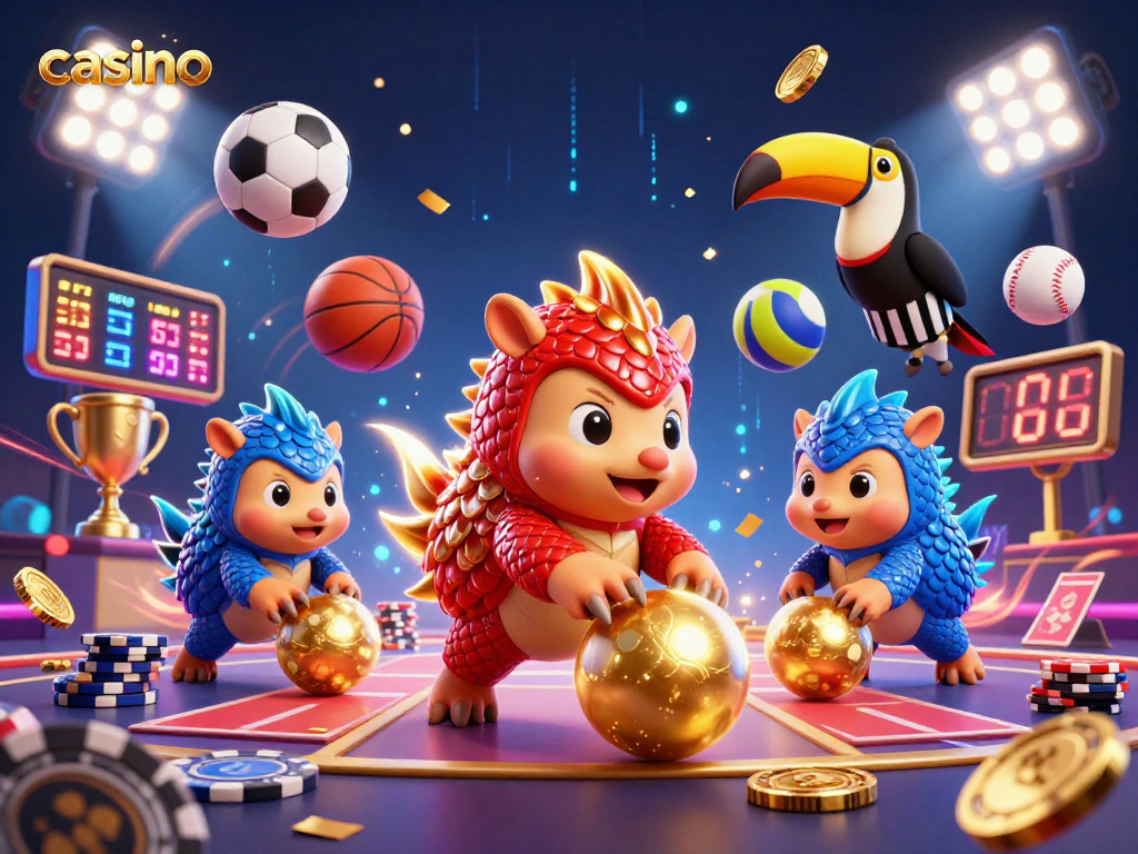 Casino pangolins bowling through poker chips with vibrant sports elements in a dynamic illustration.