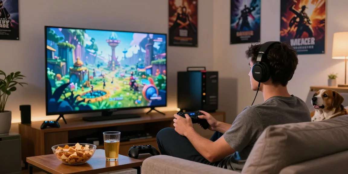 Engaged gamer enjoying cika4d video games in cozy living room
