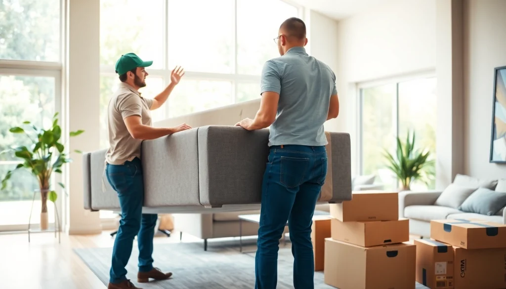 Best Toronto Movers expertly handle a sofa in a bright living room with modern decor.