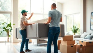 Best Toronto Movers expertly handle a sofa in a bright living room with modern decor.