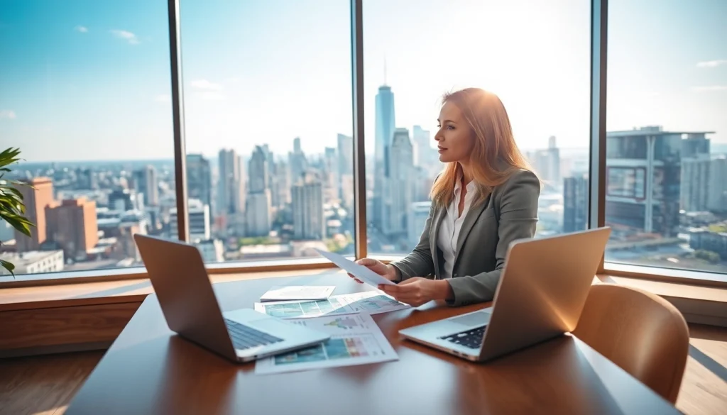 Engaging real estate broker showcasing properties in a bright office environment.