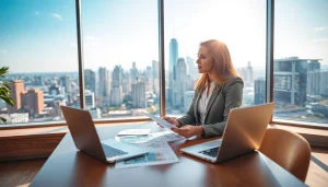 Engaging real estate broker showcasing properties in a bright office environment.