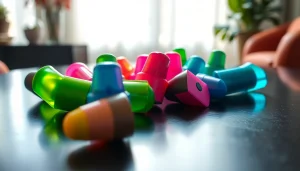 Hqd pods in verschiedenen Farben liegen künstlerisch auf einem Tisch und heben sich ab.