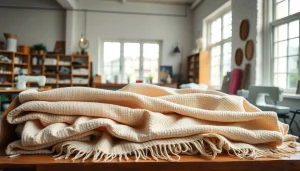 Katoen stoffen met diverse structuren en kleuren op een houten tafel in een naaistudio.