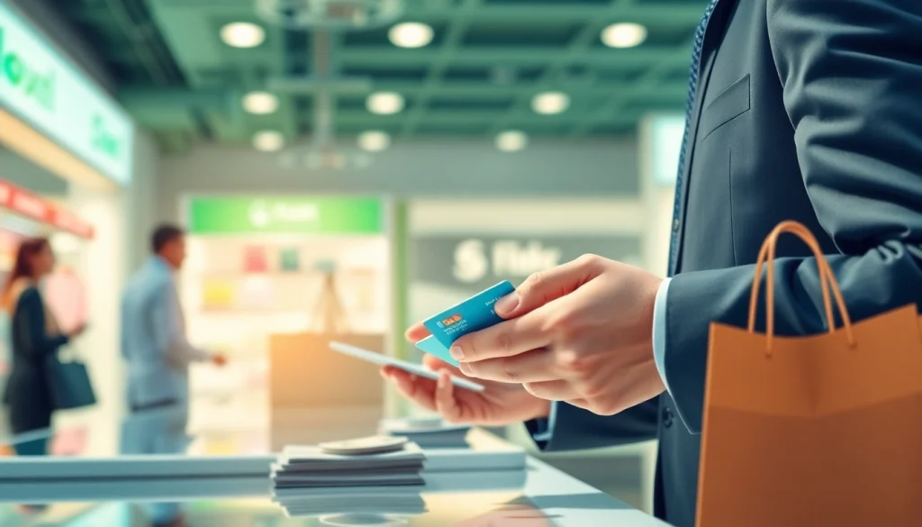 카드깡을 거래하는 모습, 신용카드를 사용하는 비즈니스맨의 모습과 소매점 배경을 보여줍니다.