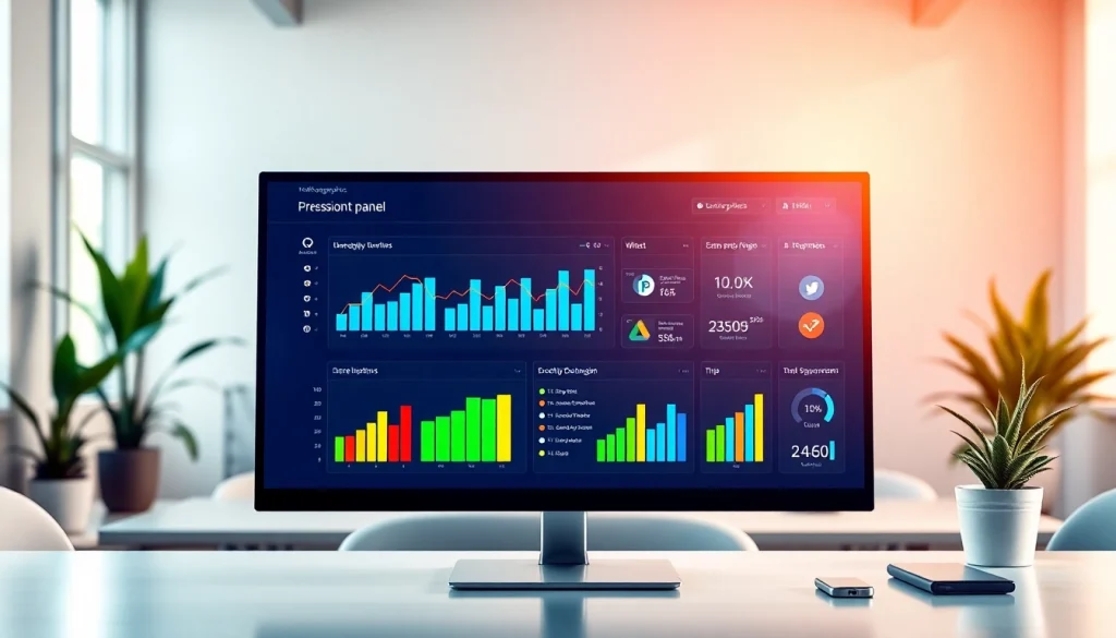 Showcase a dynamic smm reseller panel interface on a computer screen with vibrant analytics visuals.