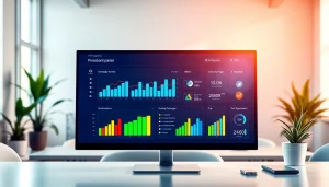 Showcase a dynamic smm reseller panel interface on a computer screen with vibrant analytics visuals.