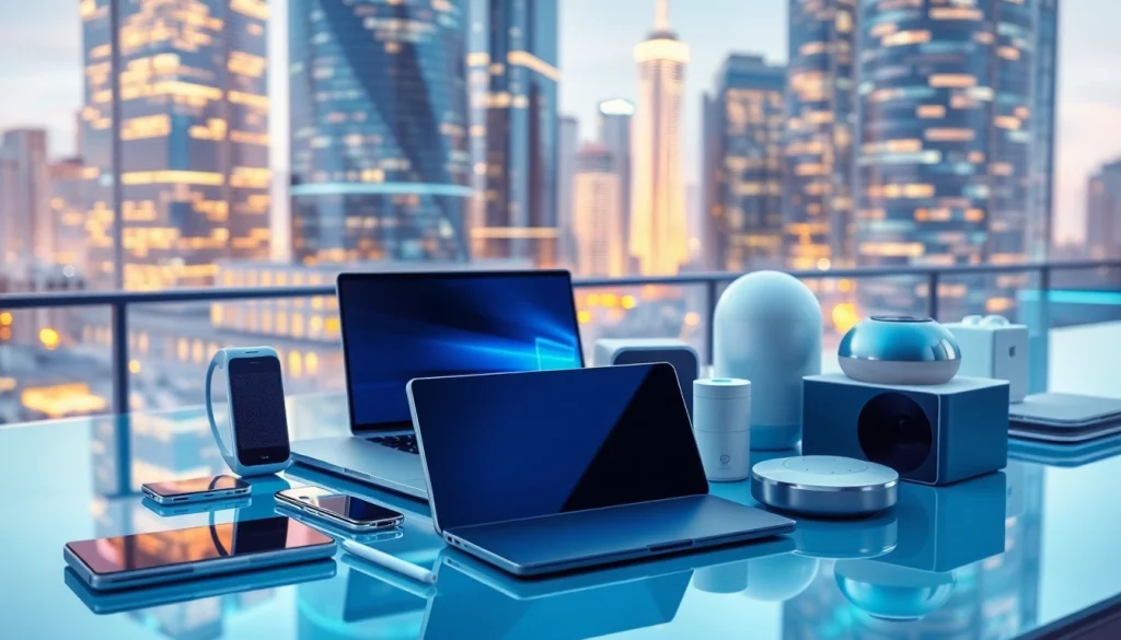 Showcase of innovative technology devices featuring smartphones and gadgets.