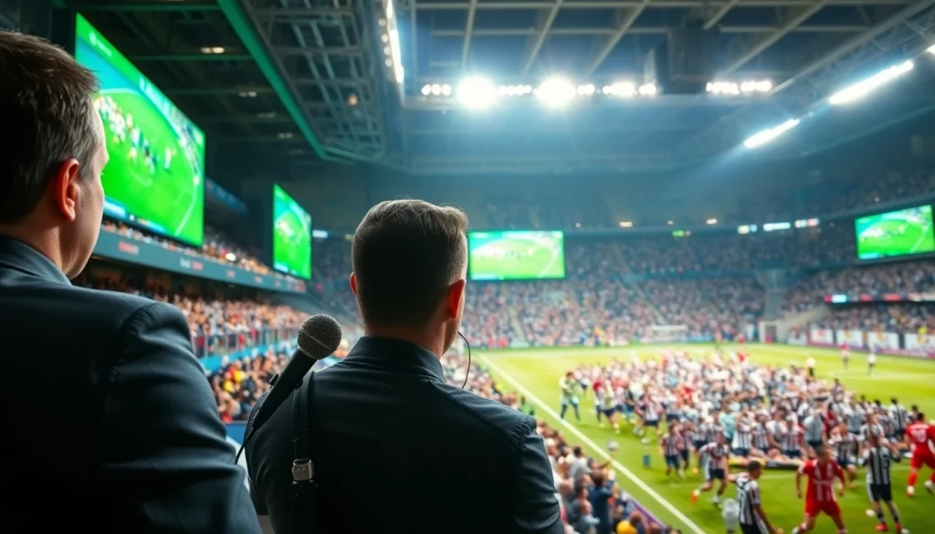 축구중계 방송을 하는 해설자와 열광적인 팬들이 있는 장면입니다.