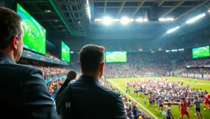 축구중계 방송을 하는 해설자와 열광적인 팬들이 있는 장면입니다.