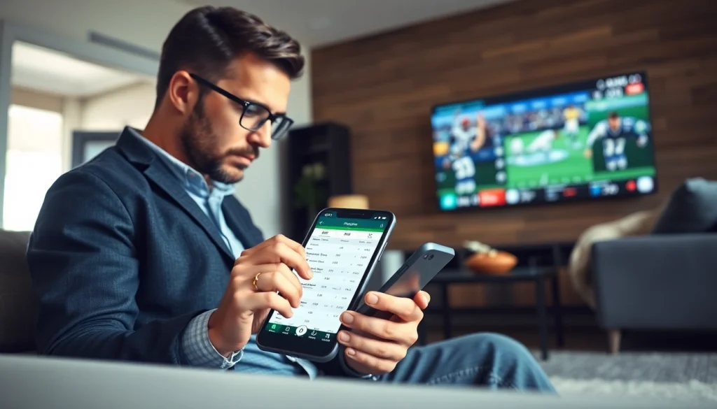 Engaging scene focusing on sports betting sites India with a bettor using a mobile app.