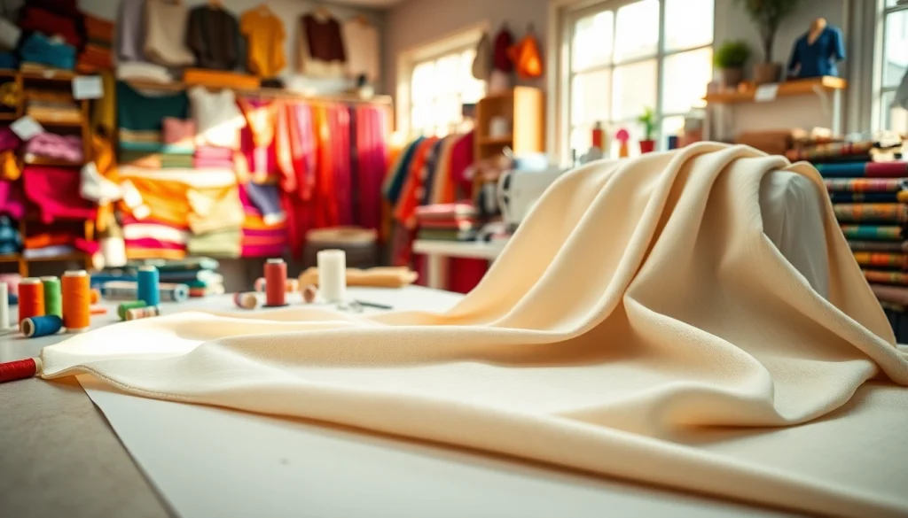 De Punta di Roma stof in een sfeervolle naaiomgeving met kleurrijke materialen en gereedschappen.