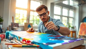 Canvas word vibrant schilderij in een ruime studio met heldere kleuren en verf.