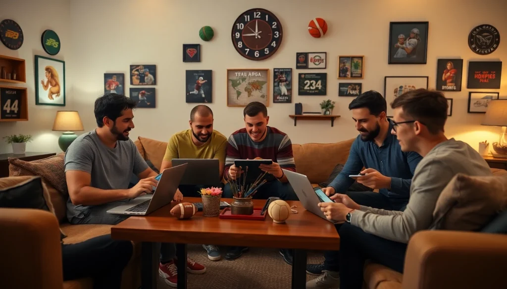 Engaged group discussing online sports betting Oklahoma in a cozy setting.