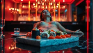 Body sushi served elegantly on a model's body, showcasing luxury dining experience at Club Noir.