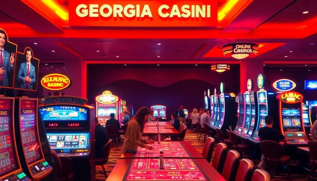 Players enjoying games at Georgia online casinos in a vibrant setting with illuminated machines and tables.