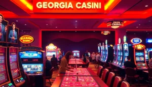 Players enjoying games at Georgia online casinos in a vibrant setting with illuminated machines and tables.
