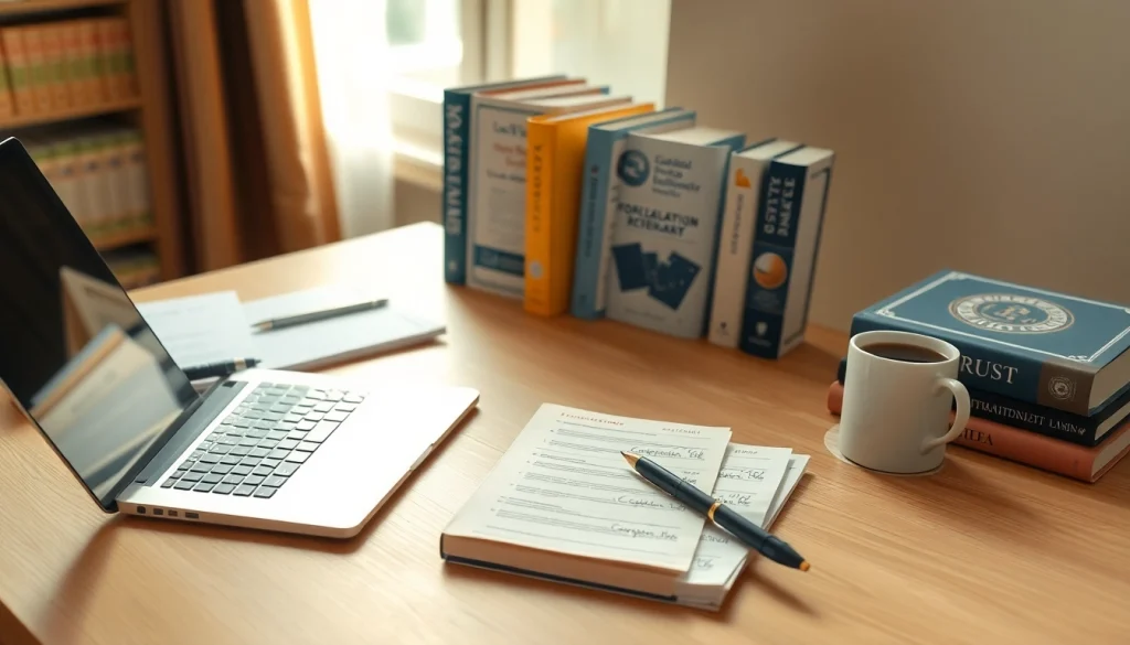 A dedicated workspace of a traducător autorizat showcasing professional tools and certifications in a warm, inviting setting.