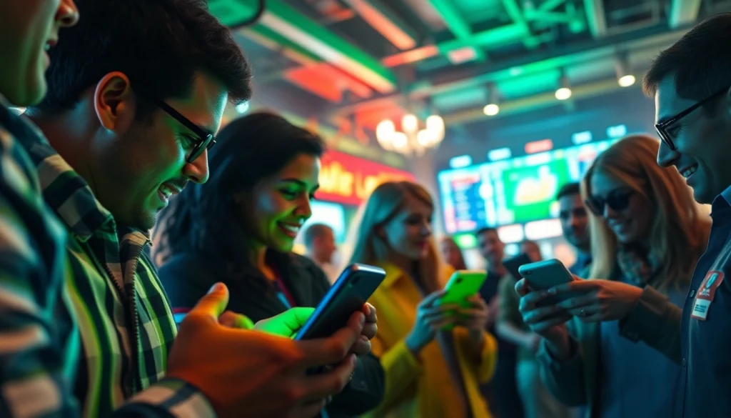 Engaged users exploring online sports betting Canada on devices in a lively sports bar setting.