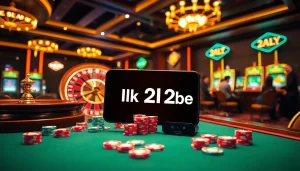 Exciting gambling scene with vibrant roulette, poker chips, and ink vao 12bet displayed on mobile device