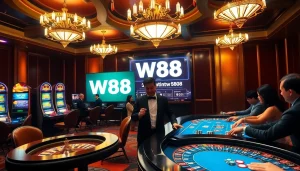 Players engaging with W88 link on luxurious casino tables amid vibrant slot machines.