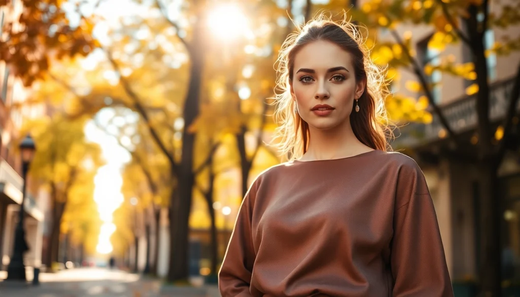 Showcasing Rivelle clothing in an elegant urban fashion scene highlighting vibrant colors.