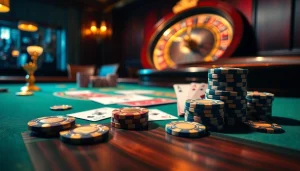 Enjoy a thrilling poker game at NOHU90, showcasing polished chips and intense atmosphere.