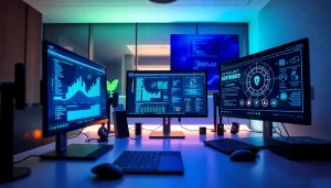 Cybersecurity AI workspace with advanced data analytics and threat detection, showcasing innovation and professionalism.