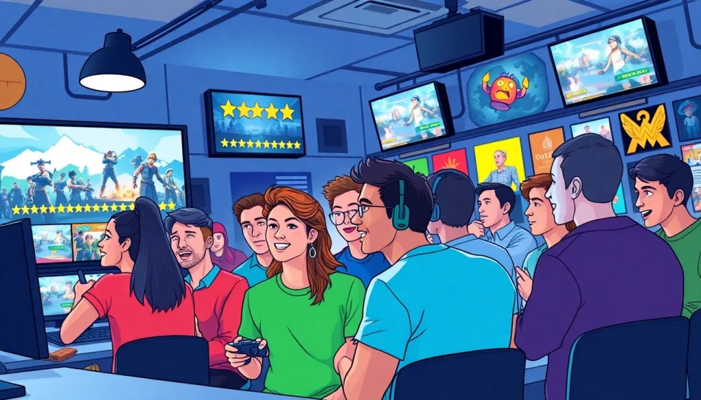 Engaging gamers discussing video game reviews and ratings in a vibrant setting.