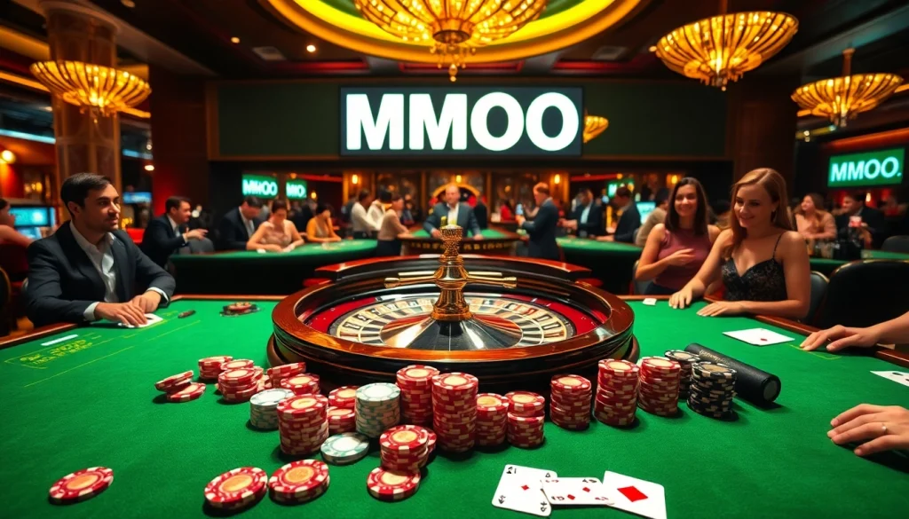 Capture the thrill of an engaging casino floor scene showcasing the excitement of MMOO gaming with vibrant poker chips.