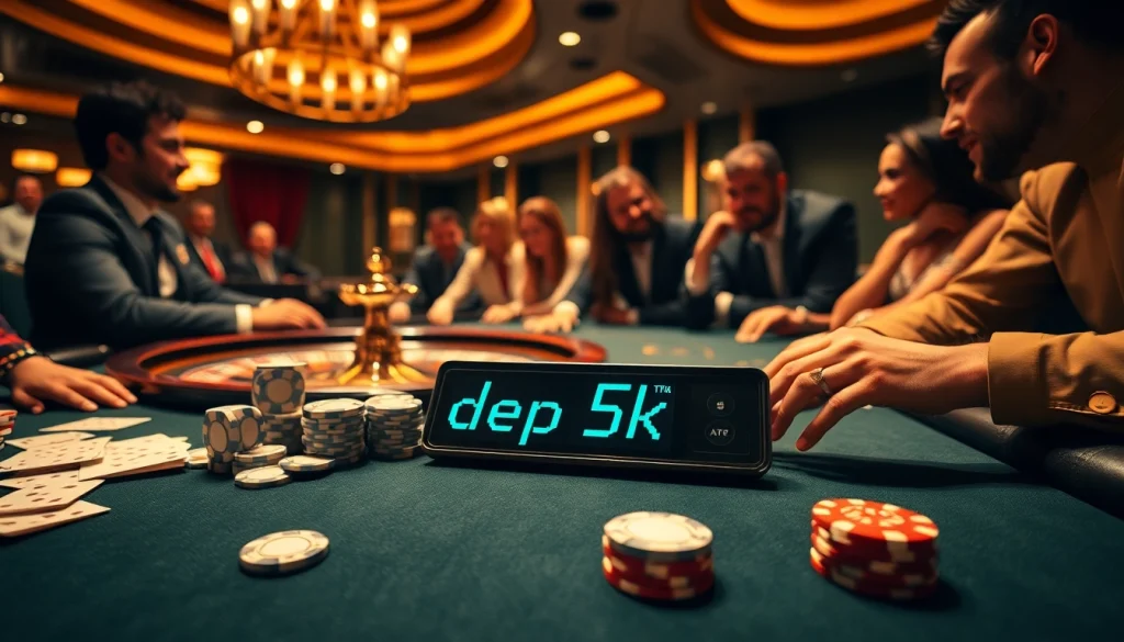 Para pemain terlibat dalam aksi kasino yang mendebarkan dengan taruhan Depo 5k di meja judi yang penuh warna.