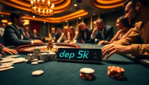Para pemain terlibat dalam aksi kasino yang mendebarkan dengan taruhan Depo 5k di meja judi yang penuh warna.