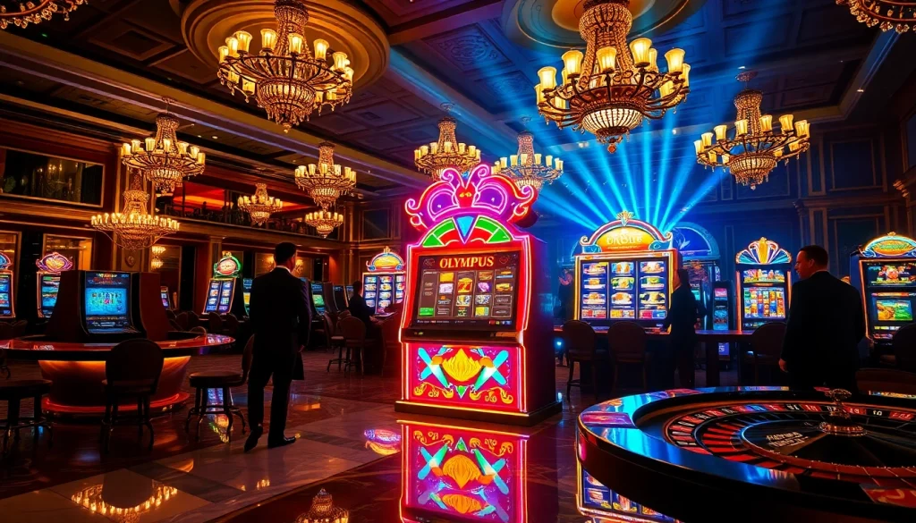 Play the exciting Olympus slot game at a luxurious casino, engaging players and vibrant atmosphere.