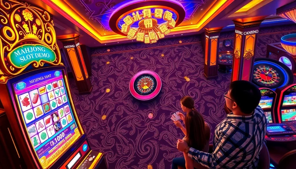 Exciting gameplay of mahjong slot demo in a vibrant casino setting with players engaged.