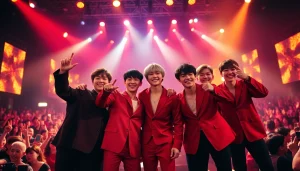 BTS news showcasing the members performing energetically at a concert with vibrant stage lights.