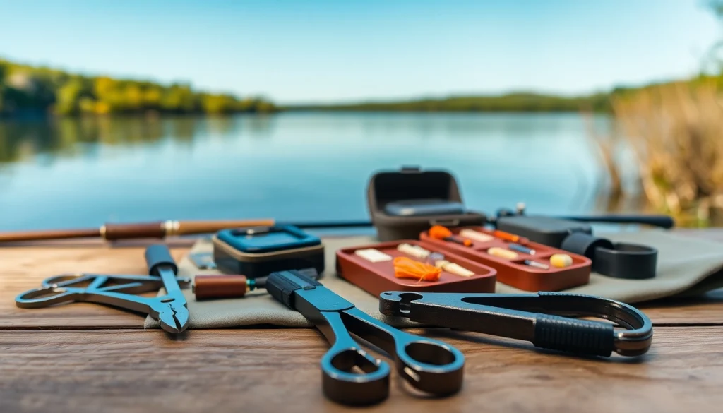 Showcase essential fly fishing accessories displayed against a tranquil lakeside background.