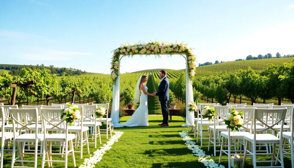 Stunning scene of Clarksburg Wedding Venues with ceremony setup surrounded by vineyards.