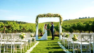 Stunning scene of Clarksburg Wedding Venues with ceremony setup surrounded by vineyards.