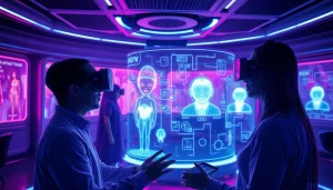 Engaging users in a futuristic NSFW AI chatbot environment with holographic displays and ambient lighting.