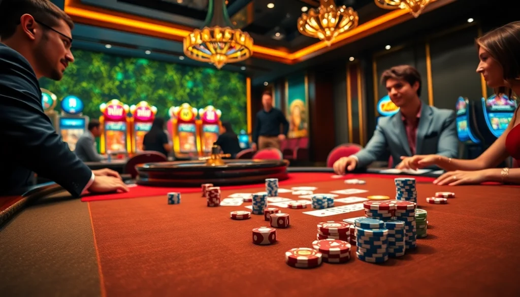 Experience thrilling action at SODO Casino with vibrant tables, chips, and dice in a luxurious gaming atmosphere.