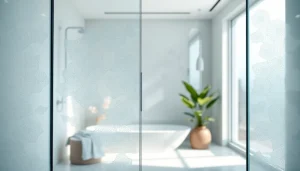 Elegant glass shower doors reflecting natural light in a modern bathroom setting.